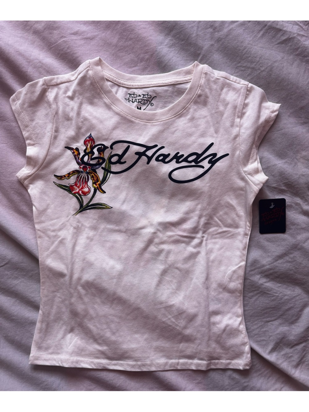 Ed Hardy Swallow Tattoo Graphic T-Shirt White Y2K Streetwear Tee Size M